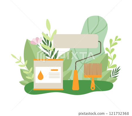 Paintbrush and Paint Roller, Painting Tools, Surrounded Blooming Flowers and Leaves in Spring or Summer Season Vector Illustration 121732368