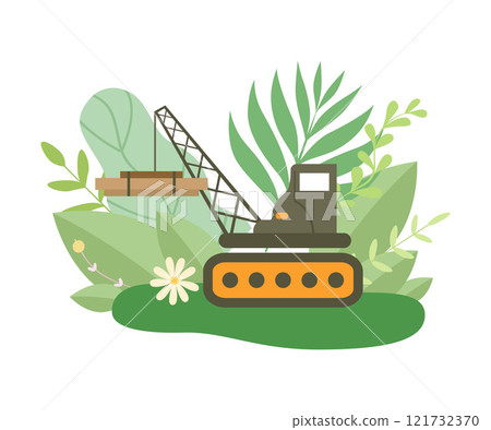 Hydraulic Crawler Crane Lifting Heavy Load in Spring or Summer Season with Blooming Flowers and Leaves Vector Illustration on White Background. Vector Illustration Hydraulic Crawler Crane Lifting Heavy Load in Spring or Summer Season with Blooming Flowers and Leaves Vector Illustration on White Background. Vector Illustration 121732370
