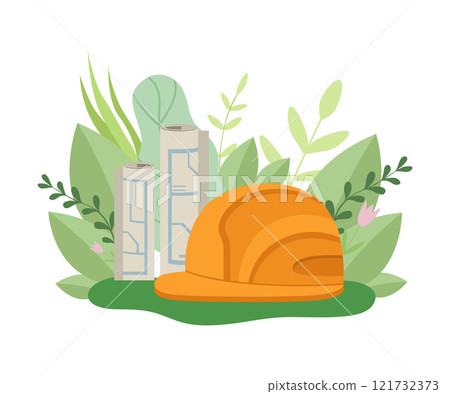 Architecture Plan, Orange Safety Hard Hat, Spring or Summer Season with Blooming Flowers and Leaves Vector Illustration 121732373