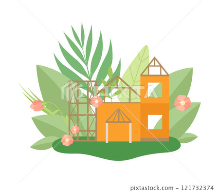 House in Construction Process in Spring or Summer Season with Blooming Flowers and Leaves Vector Illustration House in Construction Process in Spring or Summer Season with Blooming Flowers and Leaves Vector Illustration 121732374