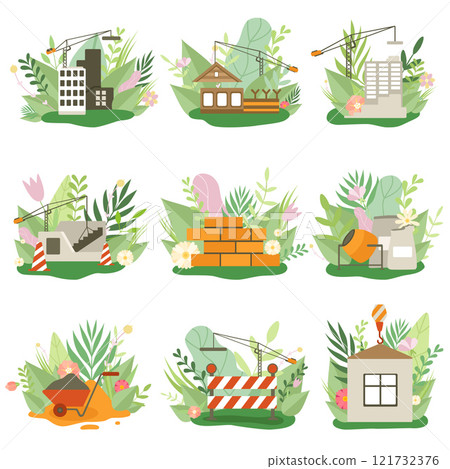 Construction Process Set, Houses under Construction, Building Equipment in Spring or Summer Season with Blooming Flowers and Leaves Vector Illustration 121732376