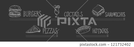 Restaurant Menu Chalk Drawn Dish and Meal Vector Set 121732402