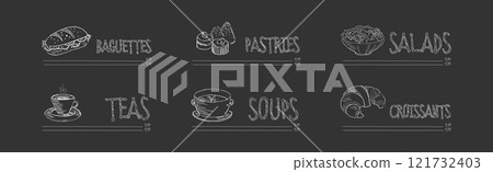 Restaurant Menu Chalk Drawn Dish and Meal Vector Set 121732403