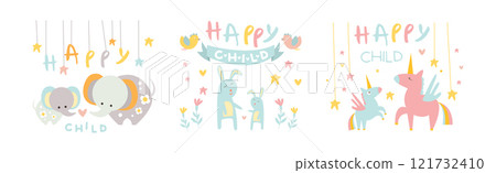 Happy Child Print with Cute Animal Vector Set Happy Child Print with Cute Animal Vector Set 121732410