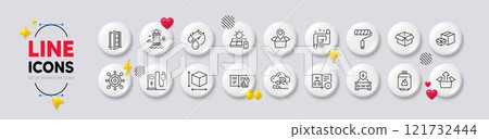 Solar panel, Technical algorithm and Opened box line icons. White buttons 3d icons. Pack of Packing boxes, Engineering documentation, Open door icon. Lighthouse, Box size, Timer pictogram. Vector Solar panel, Technical algorithm and Opened box line icons. White buttons 3d icons. Pack of Packing boxes, Engineering documentation, Open door icon. Lighthouse, Box size, Timer pictogram. Vector 121732444