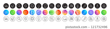 Organic tested, Monitor settings and Faq line icons. Round icon gradient buttons. Pack of Bell alert, Medical mask, Atom core icon. Patient, Whisper, Search pictogram. Vector 121732496