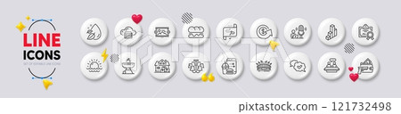 Home moving, Sunset and Burger line icons. White buttons 3d icons. Pack of Podcast, Certificate, Armed robbery icon. Approved, Target path, Food order pictogram. Vector 121732498