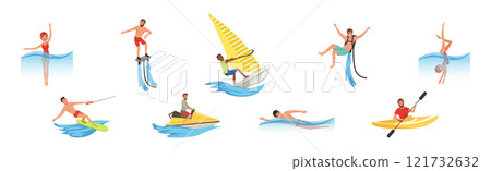 Man and Woman Enjoy Water Sport Activity Vector Set 121732632