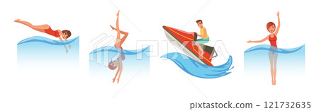 Man and Woman Enjoy Water Sport Activity Vector Set Man and Woman Enjoy Water Sport Activity Vector Set 121732635