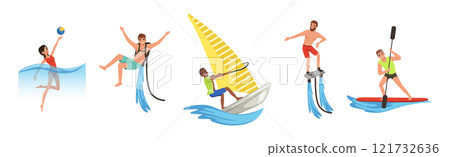 Man and Woman Enjoy Water Sport Activity Vector Set 121732636