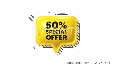 3d speech bubble icon. 50 percent discount offer tag. Sale price promo sign. Special offer symbol. Discount chat talk message. Speech bubble banner. Yellow text balloon. Vector 121732671