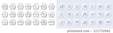 Psychology, People chatting and Job interview line icons. White pin 3d buttons, chat bubbles icons. Pack of Parcel invoice, Refer friend, Internet app icon. Vector Psychology, People chatting and Job interview line icons. White pin 3d buttons, chat bubbles icons. Pack of Parcel invoice, Refer friend, Internet app icon. Vector 121732682