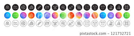 Chemistry dna, Chemistry lab and Fake news line icons. Round icon gradient buttons. Pack of Square meter, Alarm clock, Inclusion icon. Employee result, Brand, Inspect pictogram. Vector 121732721