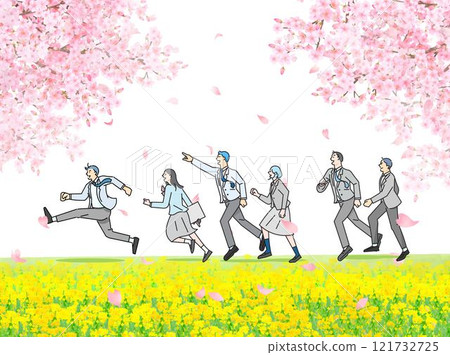 Male and female students running along a bank with cherry blossom trees and blooming rape blossoms - full body - graduation and enrollment - people vector illustration white background material 121732725