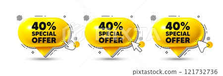 Chat speech bubble 3d icons. 40 percent discount offer tag. Sale price promo sign. Special offer symbol. Discount chat offer. Speech bubble banners. Text box balloon. Vector 121732736