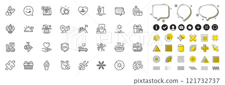 Set of Gift, Hold heart and Travel luggage line icons for web app. Design elements, Social media icons. Bus travel, Christmas holly, Puzzle icons. Vector 121732737