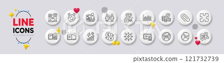 Puzzle, Certificate and Discrimination line icons. White buttons 3d icons. Pack of Currency exchange, Change money, Money diagram icon. Cyber attack, Manual, Social media pictogram. Vector Puzzle, Certificate and Discrimination line icons. White buttons 3d icons. Pack of Currency exchange, Change money, Money diagram icon. Cyber attack, Manual, Social media pictogram. Vector 121732739