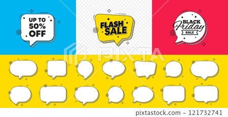 Up to 50 percent off sale. Flash sale chat speech bubble. Discount offer price sign. Special offer symbol. Save 50 percentages. Discount tag chat message. Black friday speech bubble banner. Vector 121732741