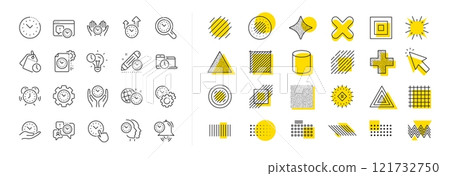 Alarm clock, timer plan and project deadline signs. Design shape elements. Time management line icons. Countdown clock, time log and appointment reminder icons. Vector 121732750