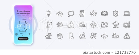 Web3, Lock and Return package line icons for web app. Phone mockup gradient screen. Pack of Augmented reality, Recovery phone, Warning pictogram icons. Vector 121732770