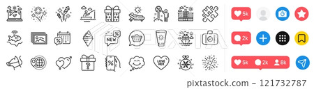 Shopping cart, Discounts calendar and Fireworks rocket line icons pack. Social media icons. Secret gift, Fireworks, Carry-on baggage web icon. Smile, Christmas ball, World travel pictogram. Vector Shopping cart, Discounts calendar and Fireworks rocket line icons pack. Social media icons. Secret gift, Fireworks, Carry-on baggage web icon. Smile, Christmas ball, World travel pictogram. Vector 121732787