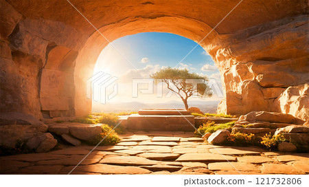 conceptual scene of the resurrection of Jesus showing the empty tomb 121732806