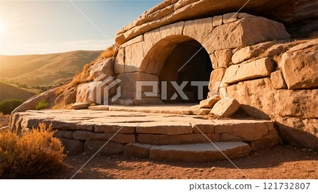conceptual scene of the resurrection of Jesus showing the empty tomb conceptual scene of the resurrection of Jesus showing the empty tomb 121732807