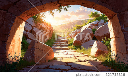 conceptual scene of the resurrection of Jesus showing the empty tomb conceptual scene of the resurrection of Jesus showing the empty tomb 121732816