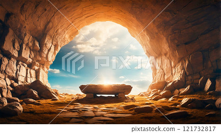 conceptual scene of the resurrection of Jesus showing the empty tomb conceptual scene of the resurrection of Jesus showing the empty tomb 121732817