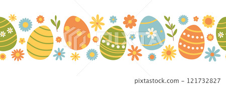 Easter seamless border with colorful eggs and flowers in green, yellow, blue and orange colors. Cute horizontal pattern. Holiday repeating banner. Vector flat illustration for greeting card, print Easter seamless border with colorful eggs and flowers in green, yellow, blue and orange colors. Cute horizontal pattern. Holiday repeating banner. Vector flat illustration for greeting card, print 121732827