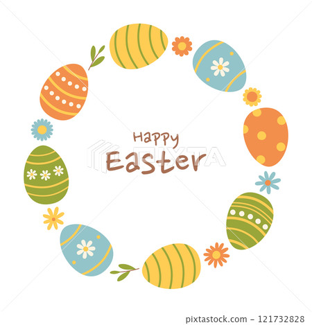 Happy Easter round frame with colorful eggs and flowers in green, yellow, blue and orange colors. Cute spring template. Holiday circle shape border. Vector flat illustration for banner, greeting card Happy Easter round frame with colorful eggs and flowers in green, yellow, blue and orange colors. Cute spring template. Holiday circle shape border. Vector flat illustration for banner, greeting card 121732828