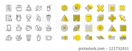 Set of Cappuccino, Juice with ice and Latte coffee cup icons. Design shape elements. Coffee and Tea line icons. Teapot, Coffeepot and Hot drink with Steam. Vector Set of Cappuccino, Juice with ice and Latte coffee cup icons. Design shape elements. Coffee and Tea line icons. Teapot, Coffeepot and Hot drink with Steam. Vector 121732831