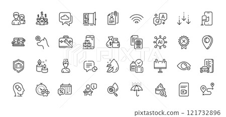 Tool case, Statistic and Car registration line icons pack. AI, Question and Answer, Map pin icons. Weather forecast, Aroma candle, Discounts calendar web icon. Vector Tool case, Statistic and Car registration line icons pack. AI, Question and Answer, Map pin icons. Weather forecast, Aroma candle, Discounts calendar web icon. Vector 121732896
