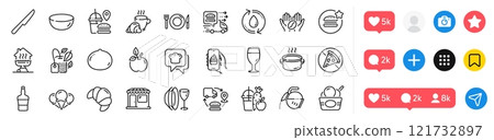 Bowl dish, Juice and Table knife line icons pack. Social media icons. Fast food, Dish plate, Best food web icon. Market, Refill water, Macadamia nut pictogram. Vector Bowl dish, Juice and Table knife line icons pack. Social media icons. Fast food, Dish plate, Best food web icon. Market, Refill water, Macadamia nut pictogram. Vector 121732897