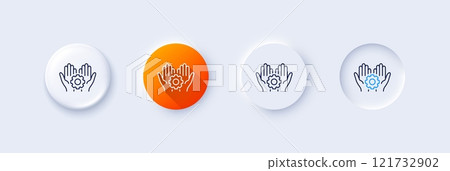 Employee hands line icon. Neumorphic, Orange gradient, 3d pin buttons. Work gear sign. Development cogwheel symbol. Line icons. Neumorphic buttons with outline signs. Vector Employee hands line icon. Neumorphic, Orange gradient, 3d pin buttons. Work gear sign. Development cogwheel symbol. Line icons. Neumorphic buttons with outline signs. Vector 121732902