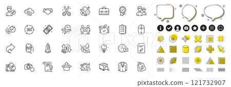 Set of Cardio training, House security and 360 degree line icons for web app. Design elements, Social media icons. Suit, Couple, Send box icons. Bitcoin, Checklist, Time signs. Vector 121732907