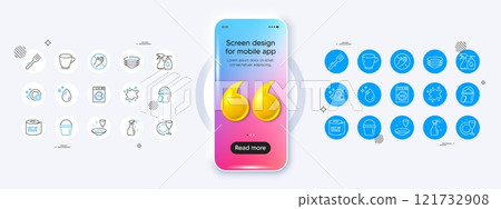 Sponge, Fork and Clean dishes line icons. Phone mockup with 3d quotation icon. Pack of Plate, Water drop, Dirty spot icon. Dishes, Dryer machine, Dont touch pictogram. Vector 121732908
