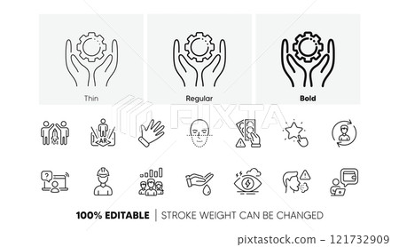Teamwork results, Wash hands and Online question line icons. Pack of Foreman, Bribe, Partnership icon. Augmented reality, Face recognition, Wallet pictogram. Hand, Employee hand, Stress. Vector 121732909