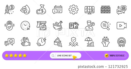 Smile, Video camera and Food delivery line icons for web app. Pack of Justice scales, Verified internet, Valet servant pictogram icons. Bitcoin project, Skin condition, Cashback signs. Vector Smile, Video camera and Food delivery line icons for web app. Pack of Justice scales, Verified internet, Valet servant pictogram icons. Bitcoin project, Skin condition, Cashback signs. Vector 121732925