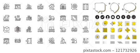 Set of Triangle area, Lighthouse and Buildings line icons for web app. Design elements, Social media icons. Market location, Construction building, Entrance icons. Vector 121732926