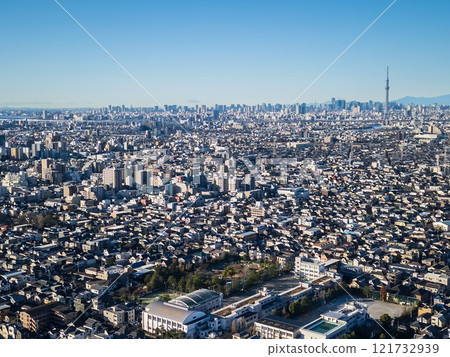 Aerial view Matsudo city overlooking the city center from the Edo River 121732939