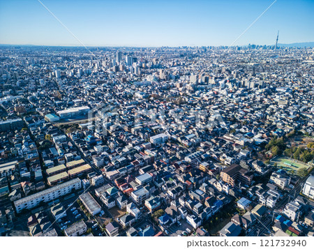 Aerial view Matsudo city overlooking the city center from the Edo River 121732940