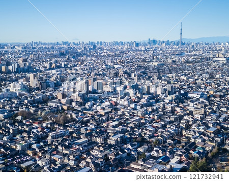 Aerial view Matsudo city overlooking the city center from the Edo River 121732941