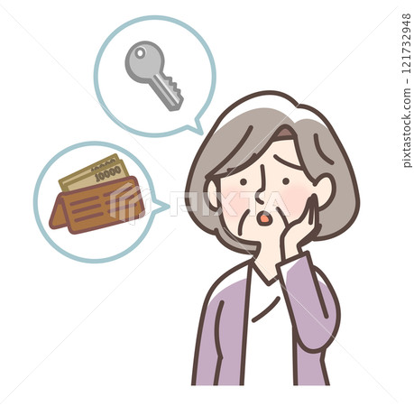 An old woman doesn't know where her keys and wallet went An old woman doesn't know where her keys and wallet went 121732948