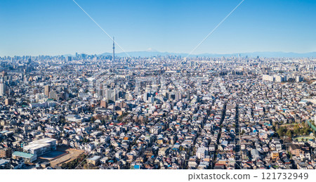 Aerial view Matsudo city overlooking the city center from the Edo River 121732949