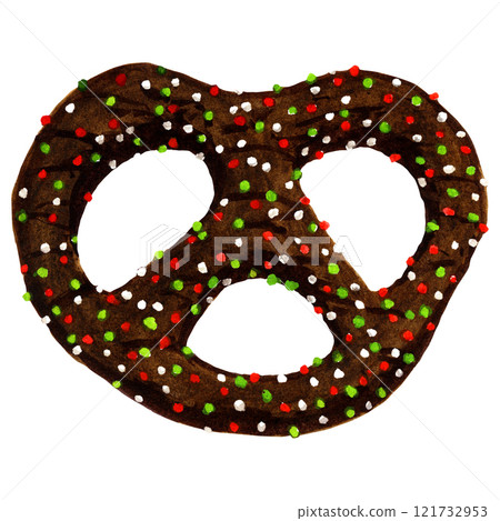 Watercolor illustration of dark chocolate pretzel twist with white, green and red sprinkles Watercolor illustration of dark chocolate pretzel twist with white, green and red sprinkles 121732953