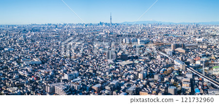 Aerial view Matsudo city overlooking the city center from the Edo River 121732960