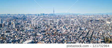 Aerial view Matsudo city overlooking the city center from the Edo River 121732964