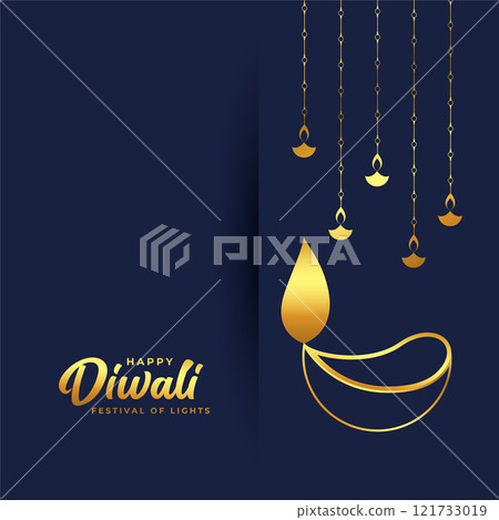 happy diwali card design with golden hand drawn diya 121733019