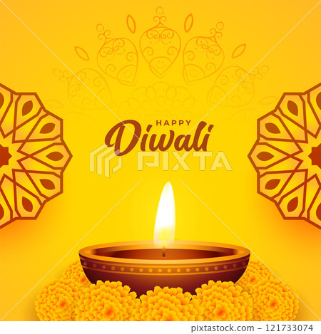 yellow diwali card with diya and marigold flowers decoration yellow diwali card with diya and marigold flowers decoration 121733074